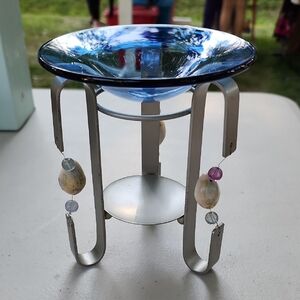 PartyLite Blue Glass Bowl with Silver Stand